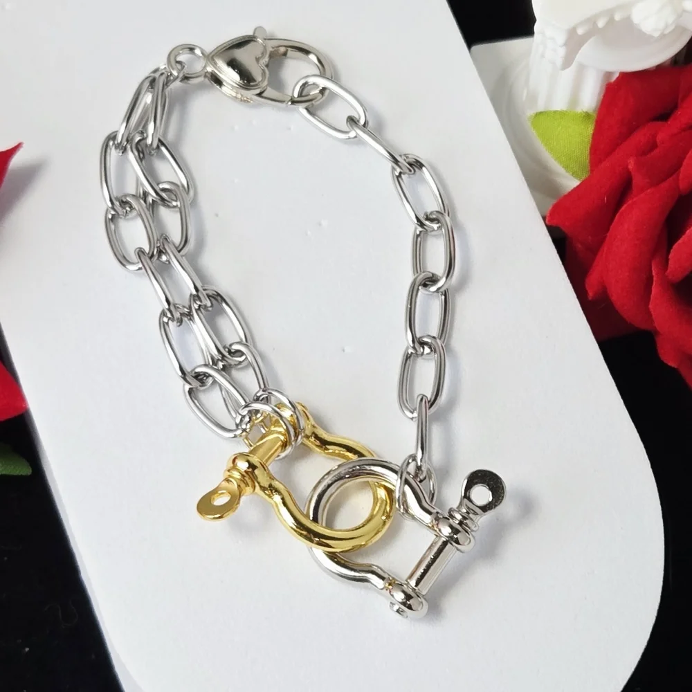 Two-Tone Chunky Paperclip Link Bracelet Silver Gold Horseshoe Shackle Carabiner